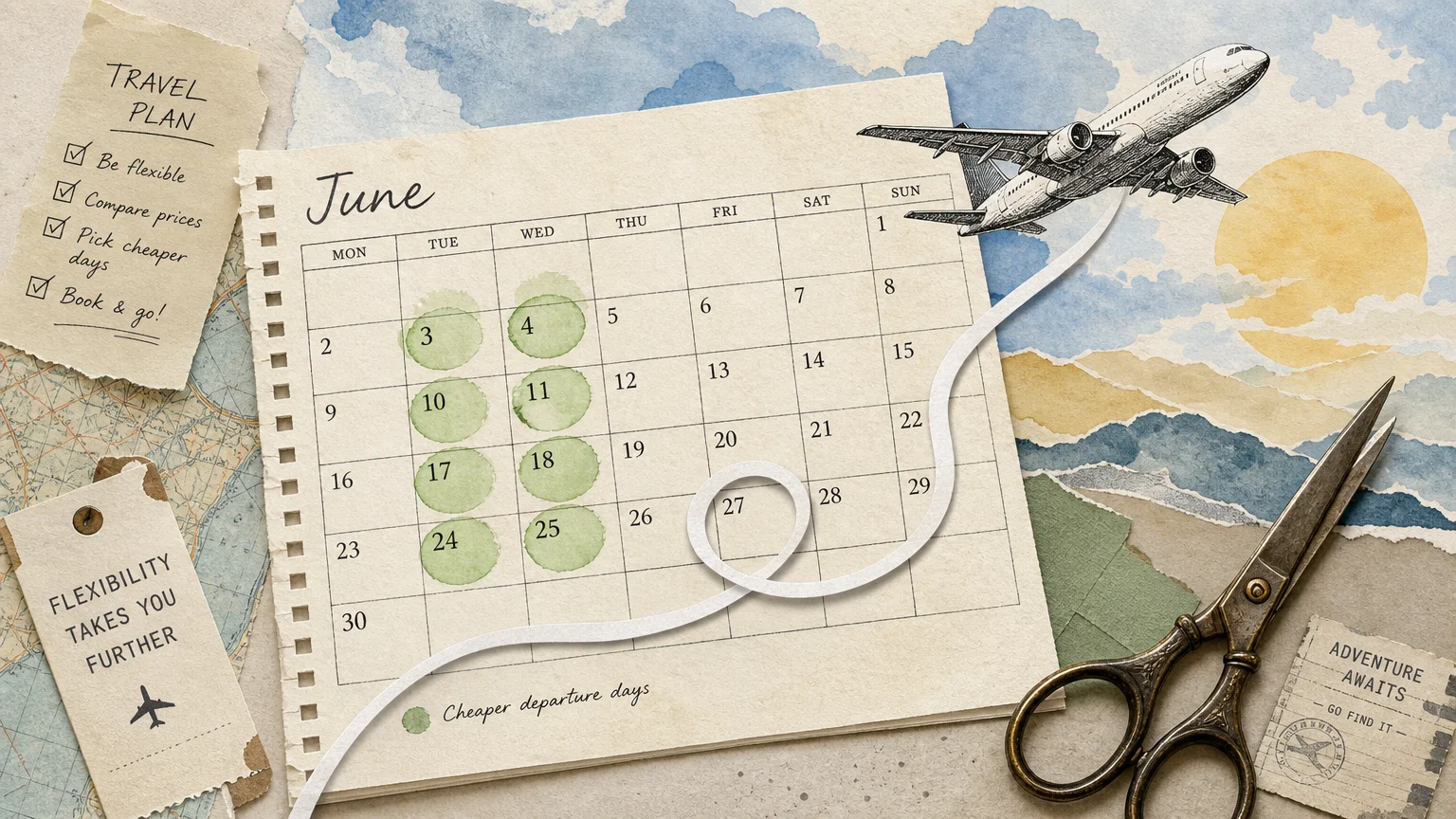 A creative mixed-media illustration of an open paper calendar with mid-week dates circled in green watercolor and an airplane flying across.