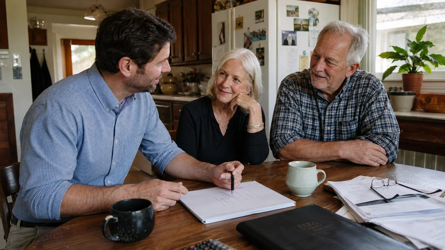 A documentary-style photo of a couple at their kitchen table having a relaxed, productive discussion with a financial advisor.