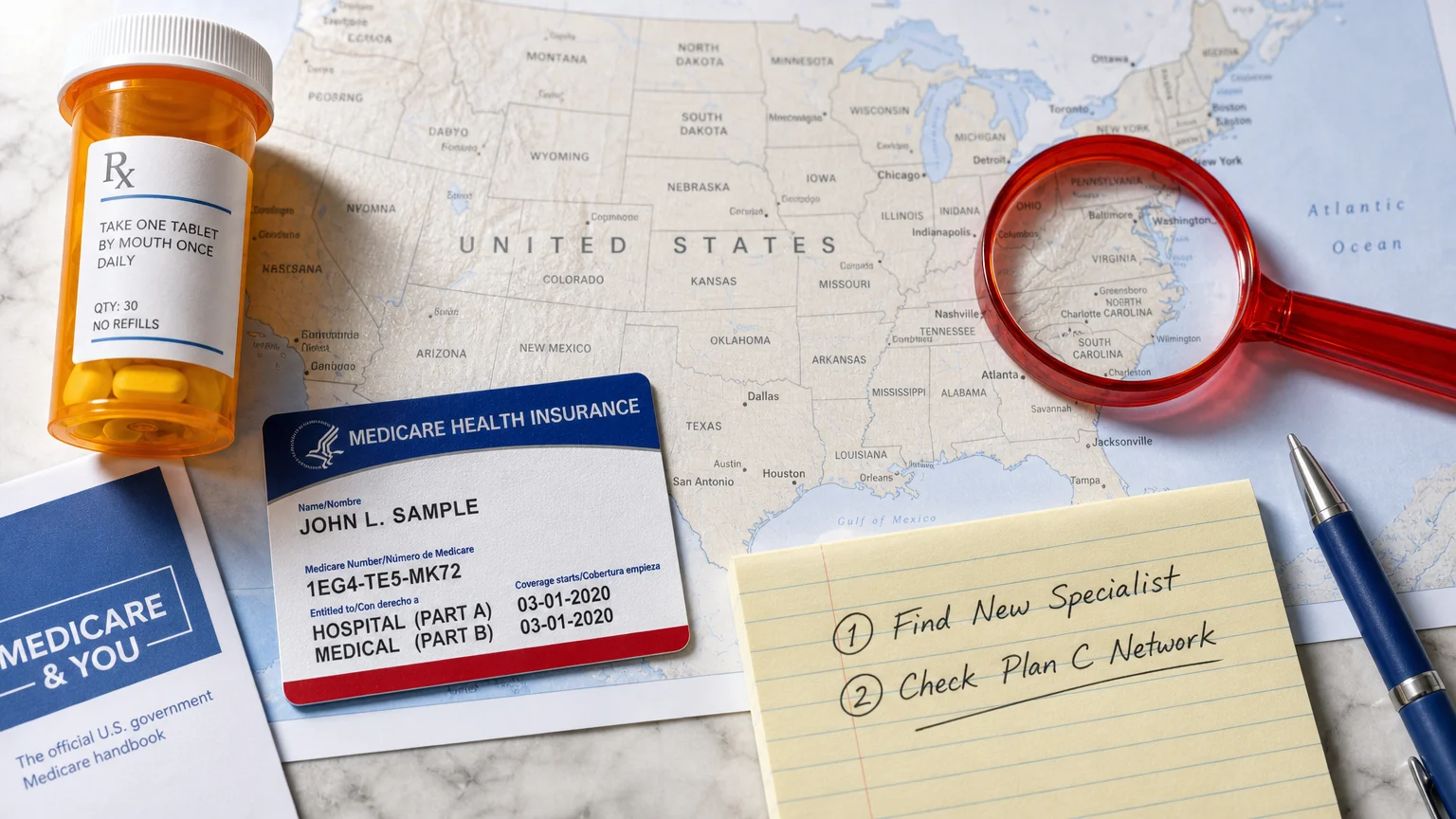 A flat lay of a Medicare card, a prescription bottle, and a planning checklist over a map of the United States.