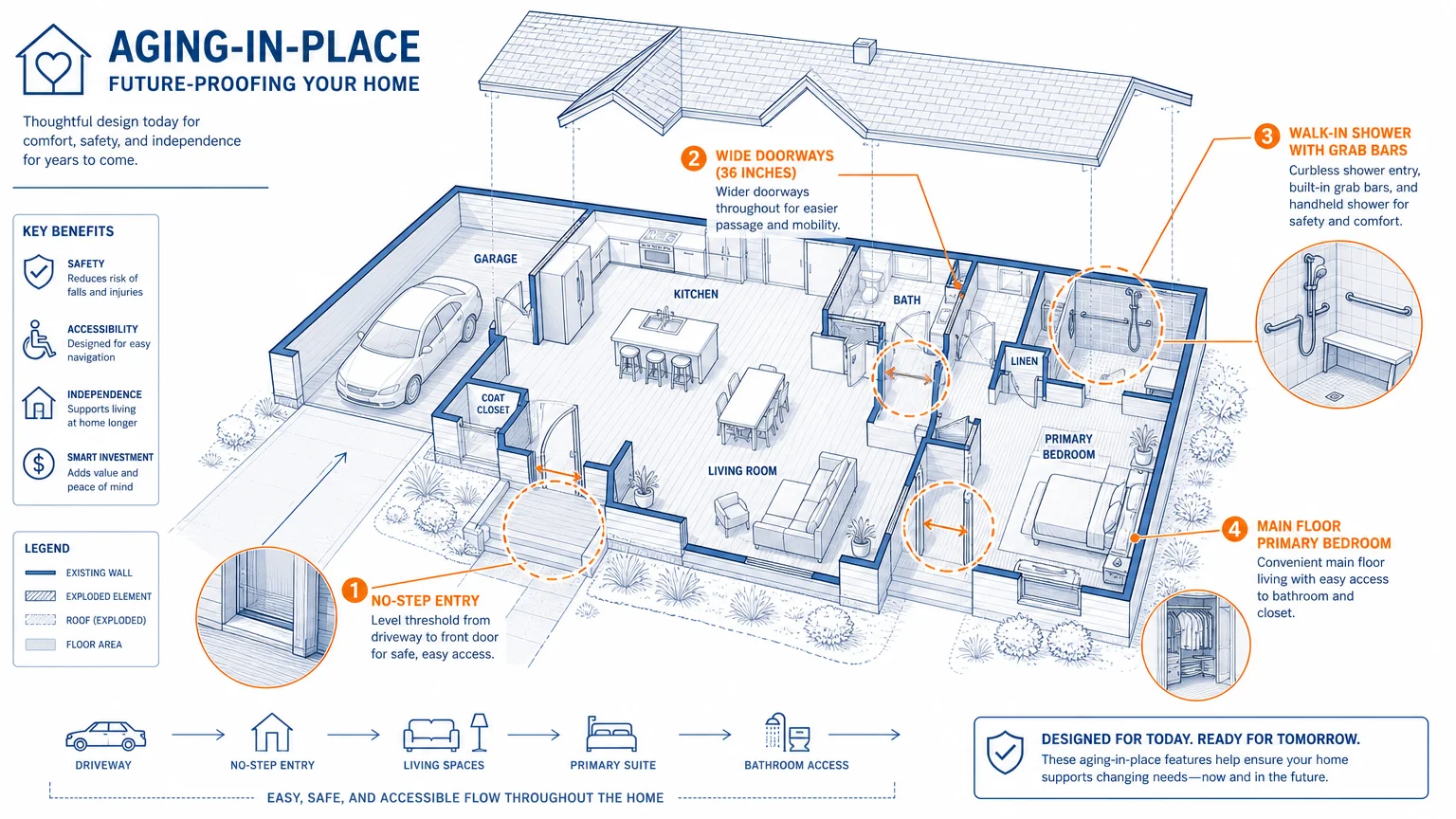 A floor plan diagram highlighting home features like a walk-in shower and wide doorways for aging in place.