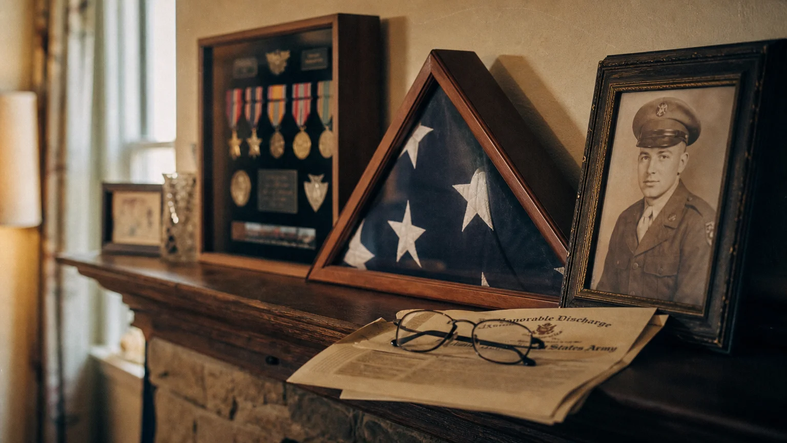 A folded American flag, military medals, and a vintage black-and-white portrait on a sunlit wooden mantelpiece.