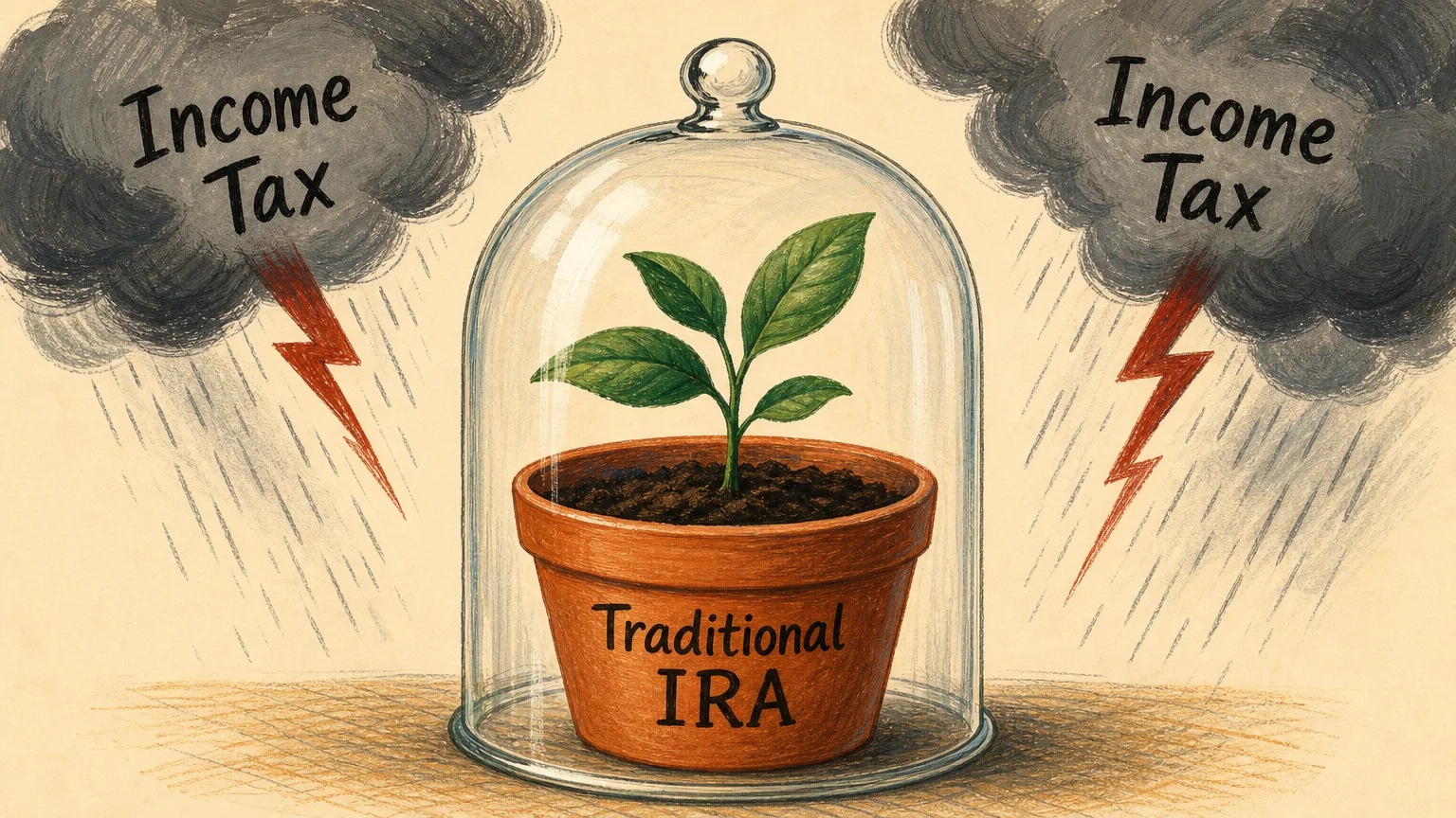 A gouache illustration of a seedling growing inside a terracotta pot labeled Traditional IRA, protected by a glass dome from tax clouds.