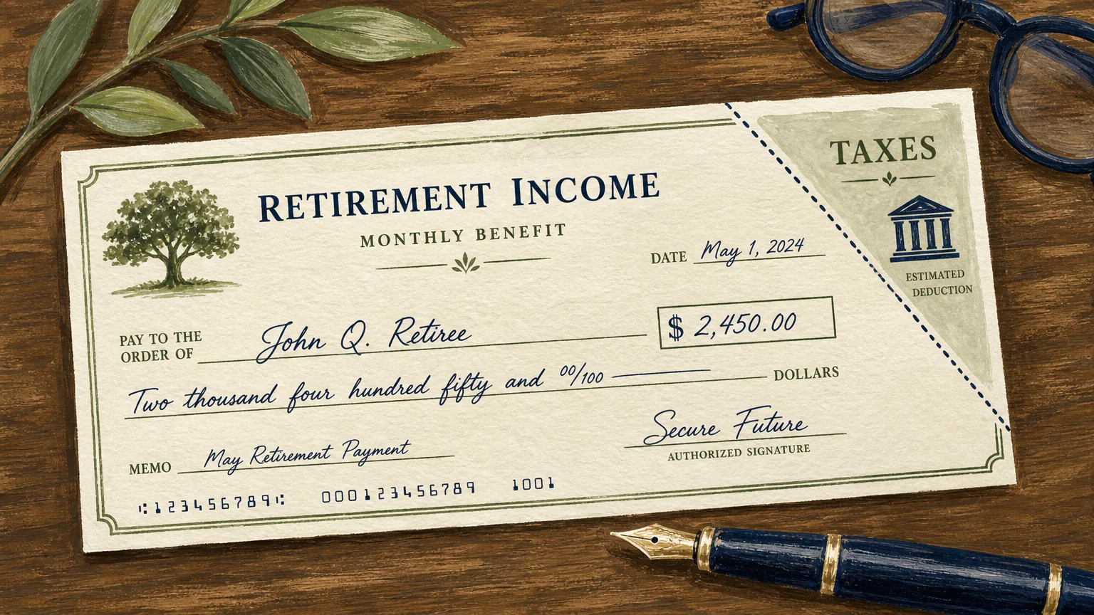 A gouache illustration of a stylized retirement check with a small corner labeled 'Taxes' being neatly partitioned off.