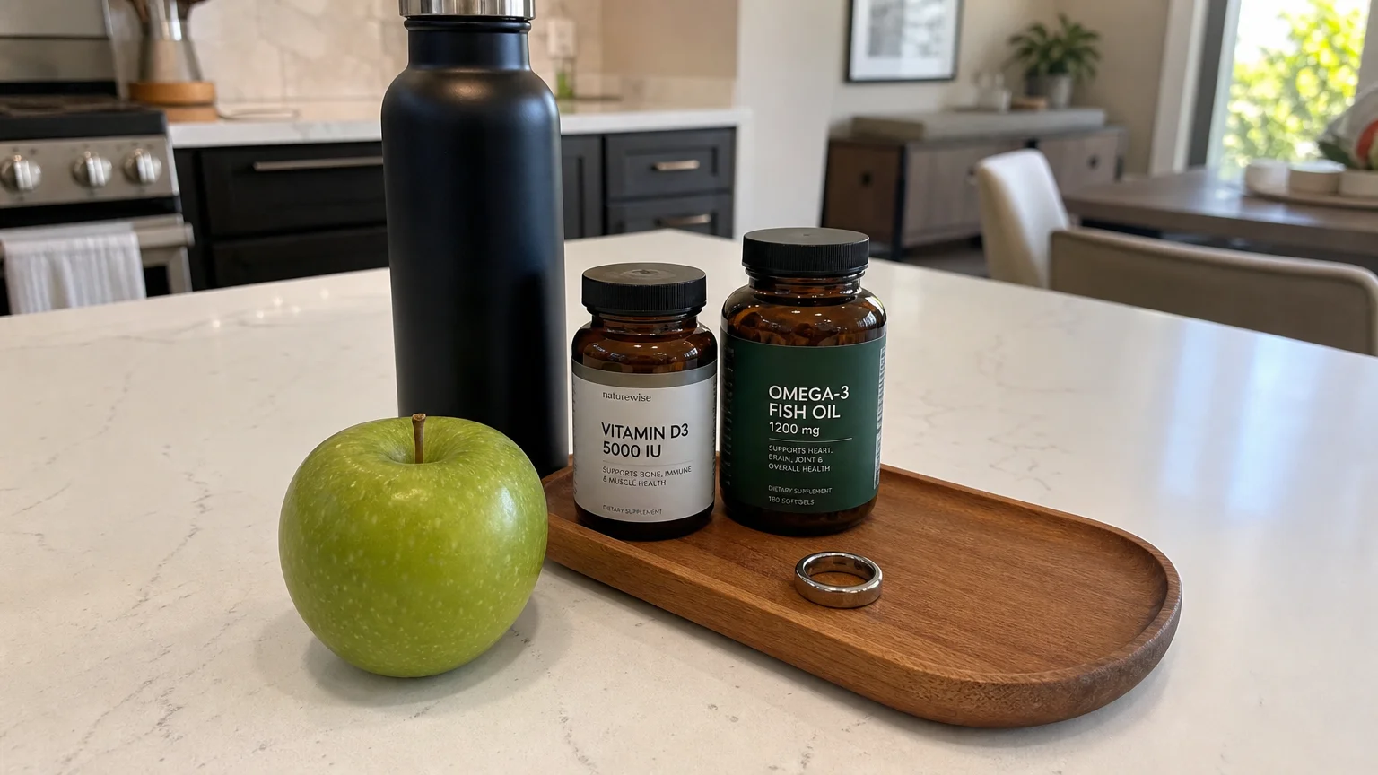 A high-angle photograph of a fresh green apple, water bottle, and a wooden tray with daily vitamins on a clean kitchen counter.