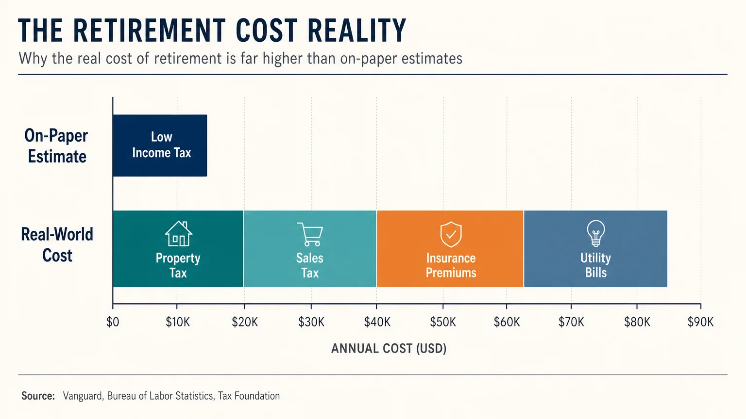 A horizontal bar chart comparing a short 'On-Paper Estimate' with a much longer stacked 'Real-World Cost' bar.
