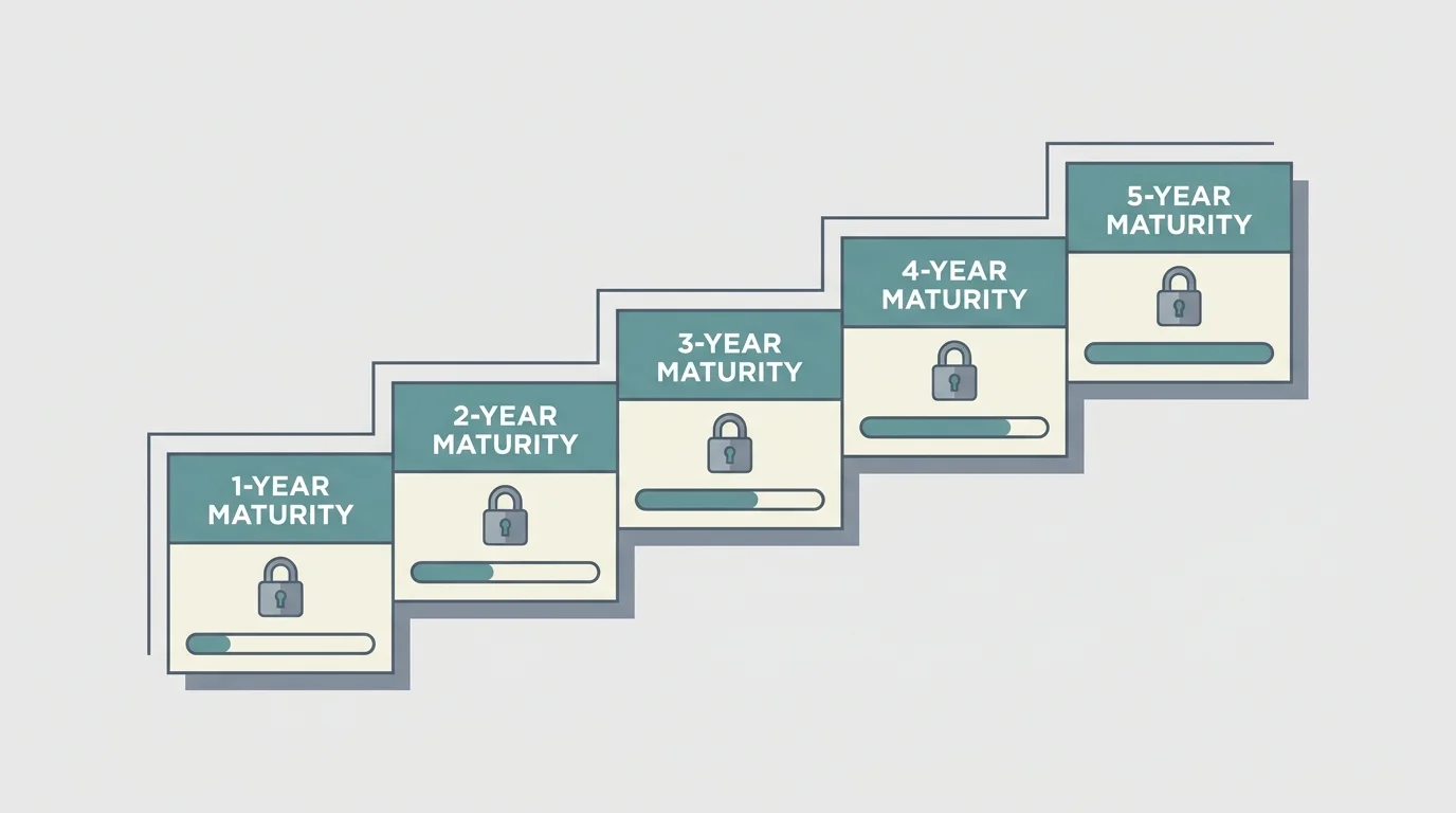 A horizontal diagram illustrating a five-year certificate of deposit financial ladder.