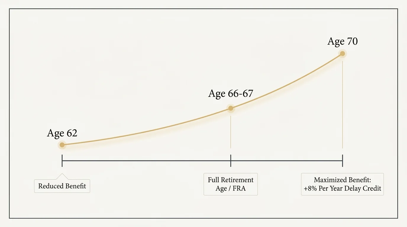 A horizontal timeline diagram showing Social Security benefit increases from age 62 to 70.