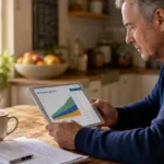 A man in his 60s reviews retirement savings charts on a tablet at his kitchen table in the morning light.