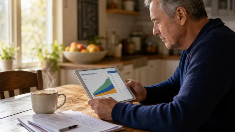 A man in his 60s reviews retirement savings charts on a tablet at his kitchen table in the morning light.