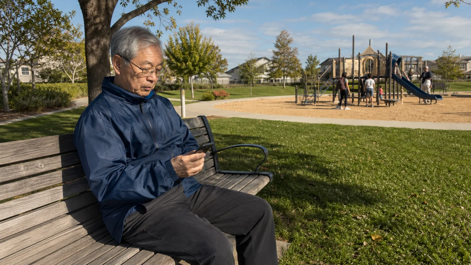 A man sits on a park bench while his family plays in the distance, representing the reality of moving to be near children.