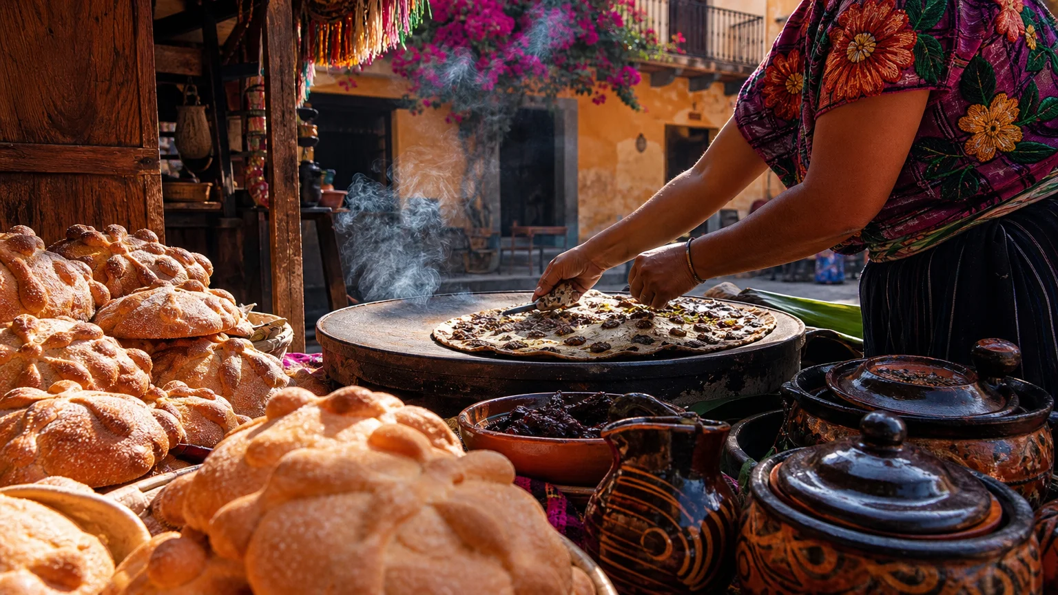 A market scene in Oaxaca, Mexico, featuring traditional food preparation on a clay comal in a sunny, colonial courtyard.