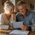 A mature couple at their dining table calmly reviewing financial charts on a tablet, illuminated by warm afternoon window light.