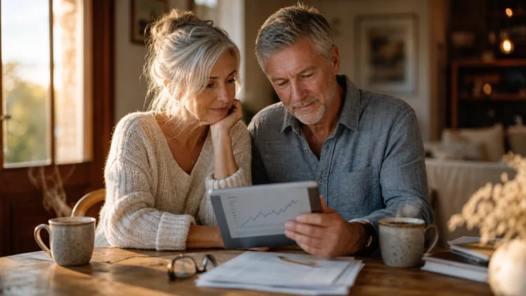 A mature couple at their dining table calmly reviewing financial charts on a tablet, illuminated by warm afternoon window light.