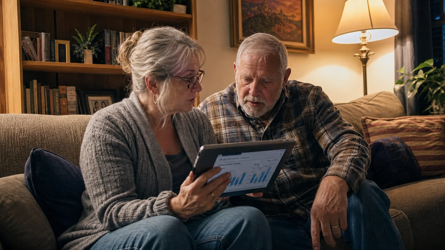 A mature couple sitting on a cozy living room sofa together, looking at a tablet screen to discuss their financial plans.