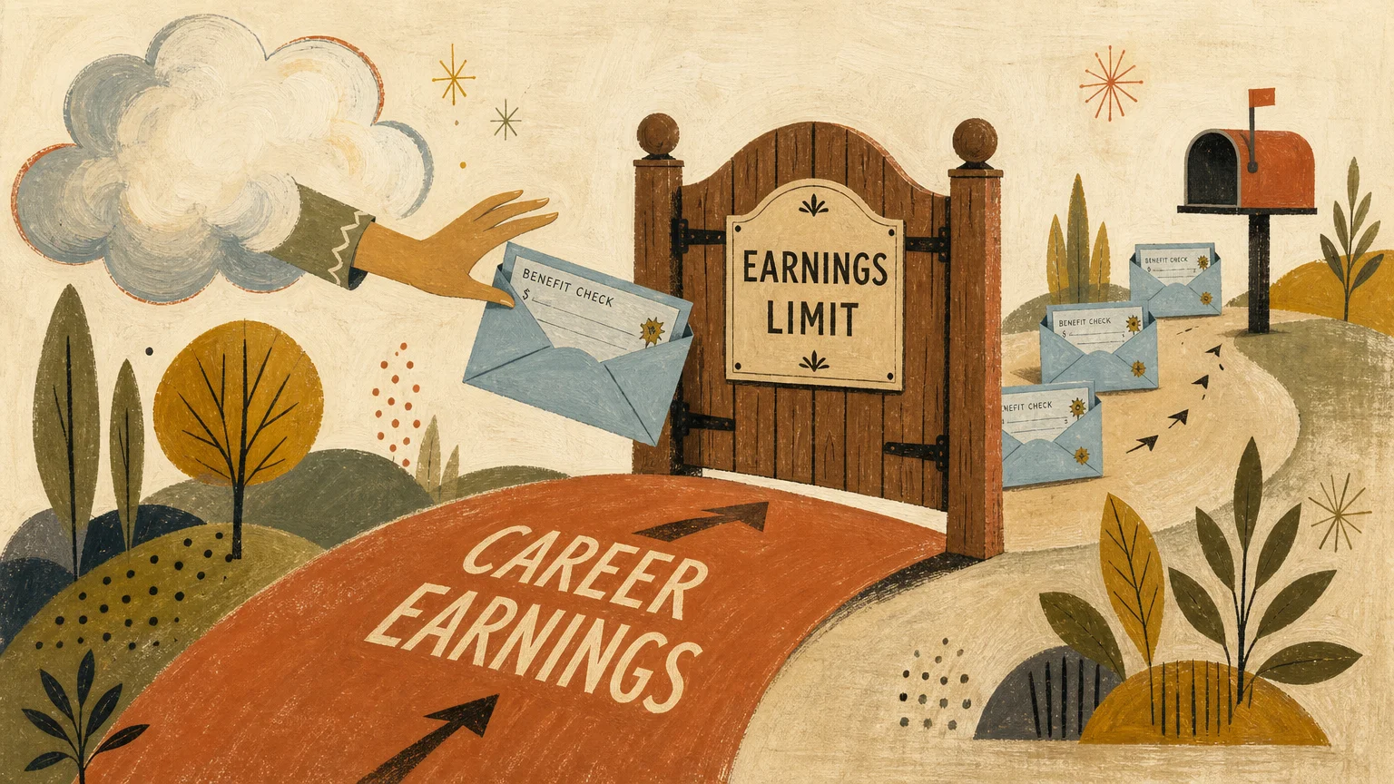 A mid-century gouache illustration of envelopes labeled as benefits passing through a gate representing the earnings limit.