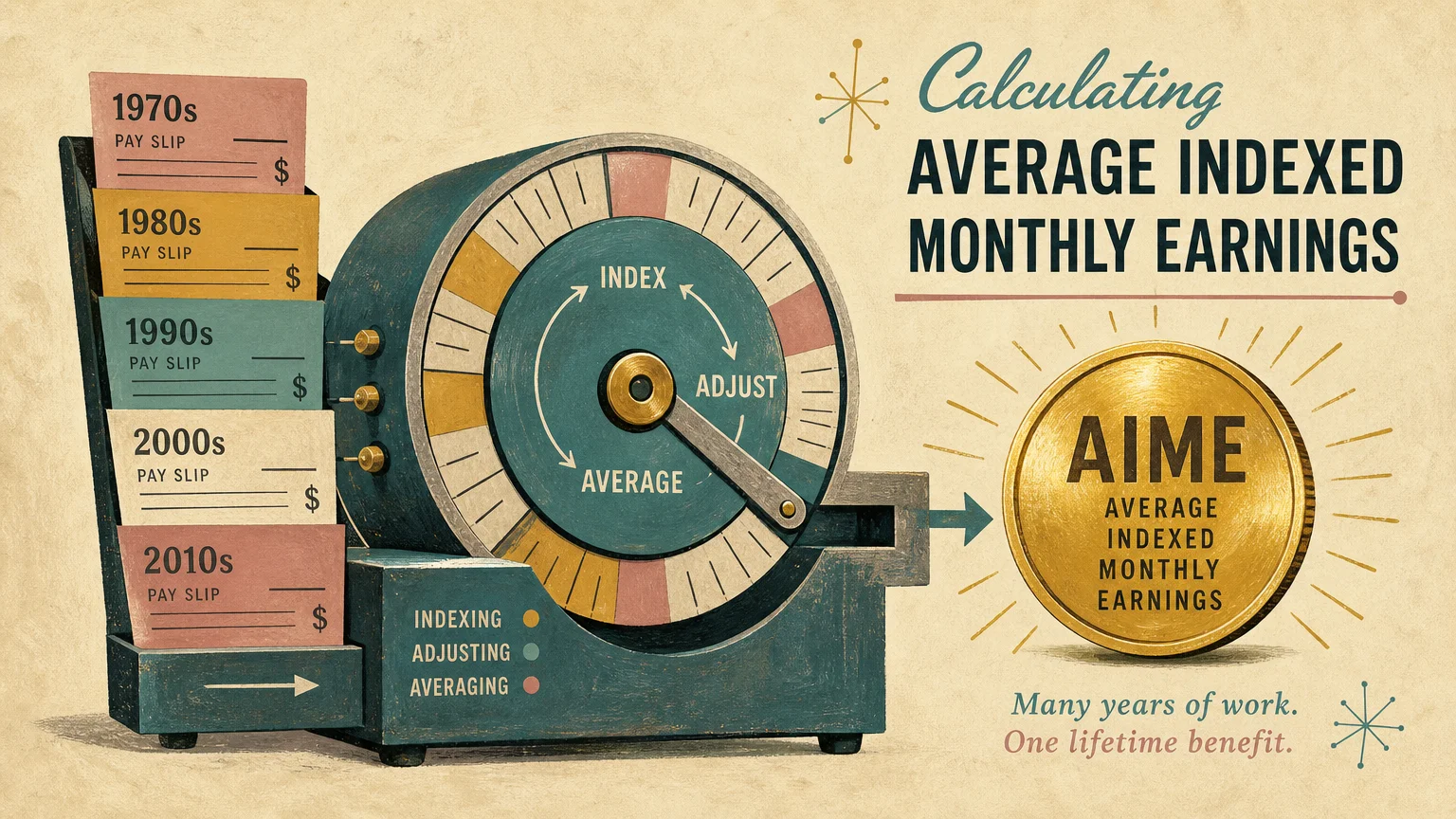 A mid-century modern gouache illustration showing historical wage slips being calculated into a single golden benefit coin.