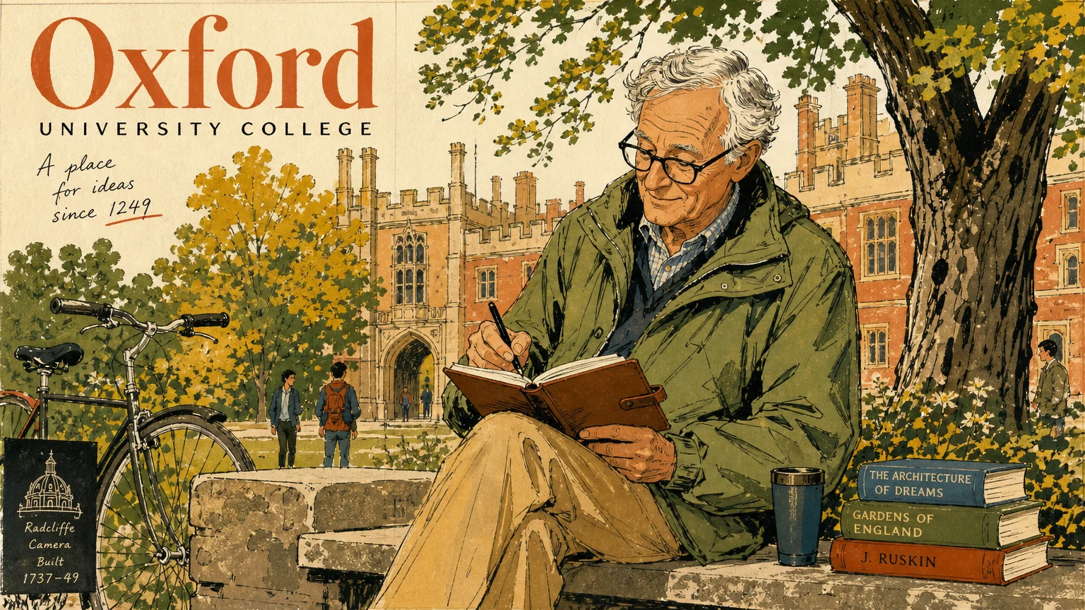 A mid-century style illustration of a senior man sketching on a beautiful, leafy college campus.