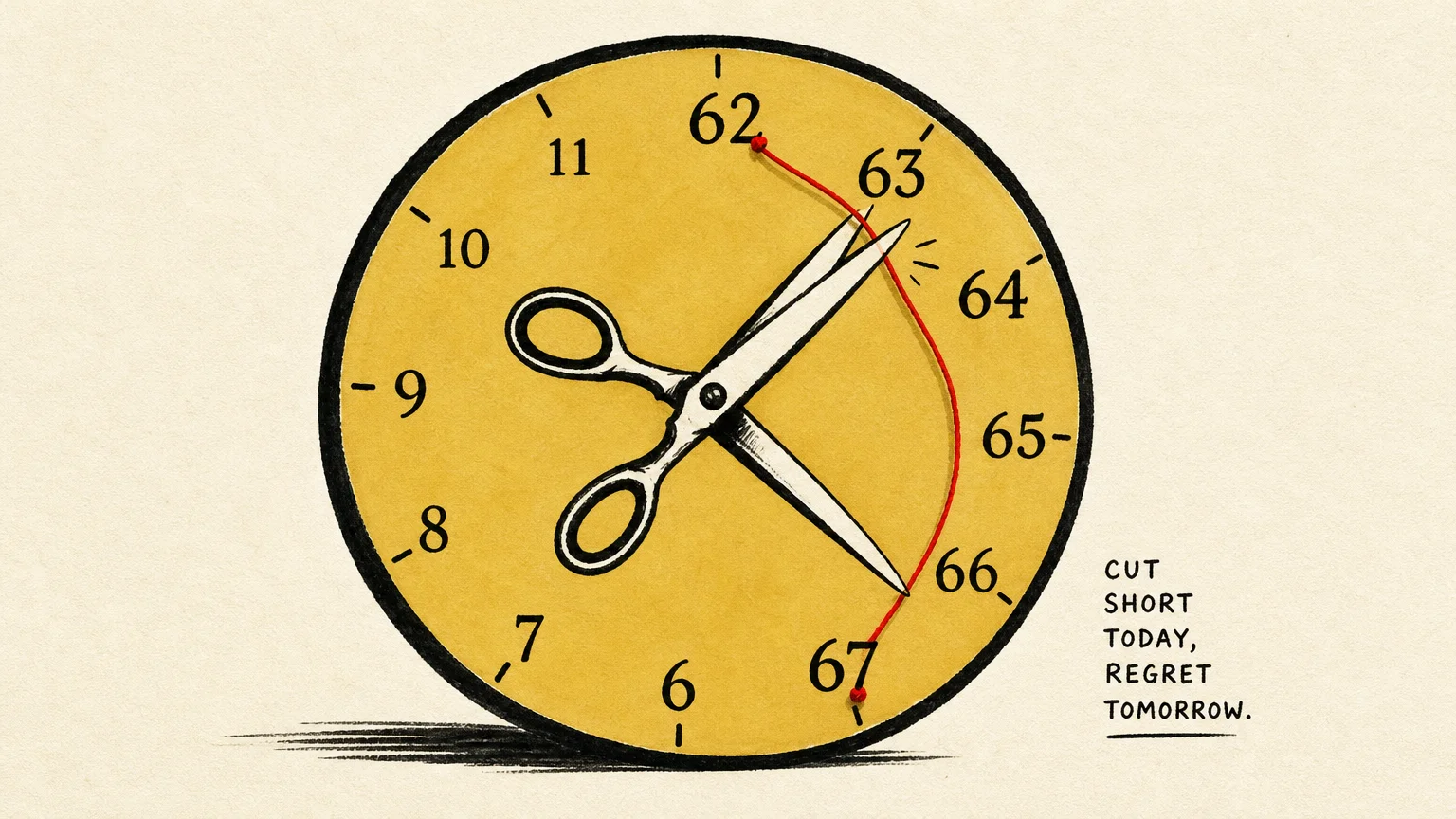 A minimalist graphic illustration of a clock face with ages sixty-two through sixty-seven, showing scissors about to cut a red thread.