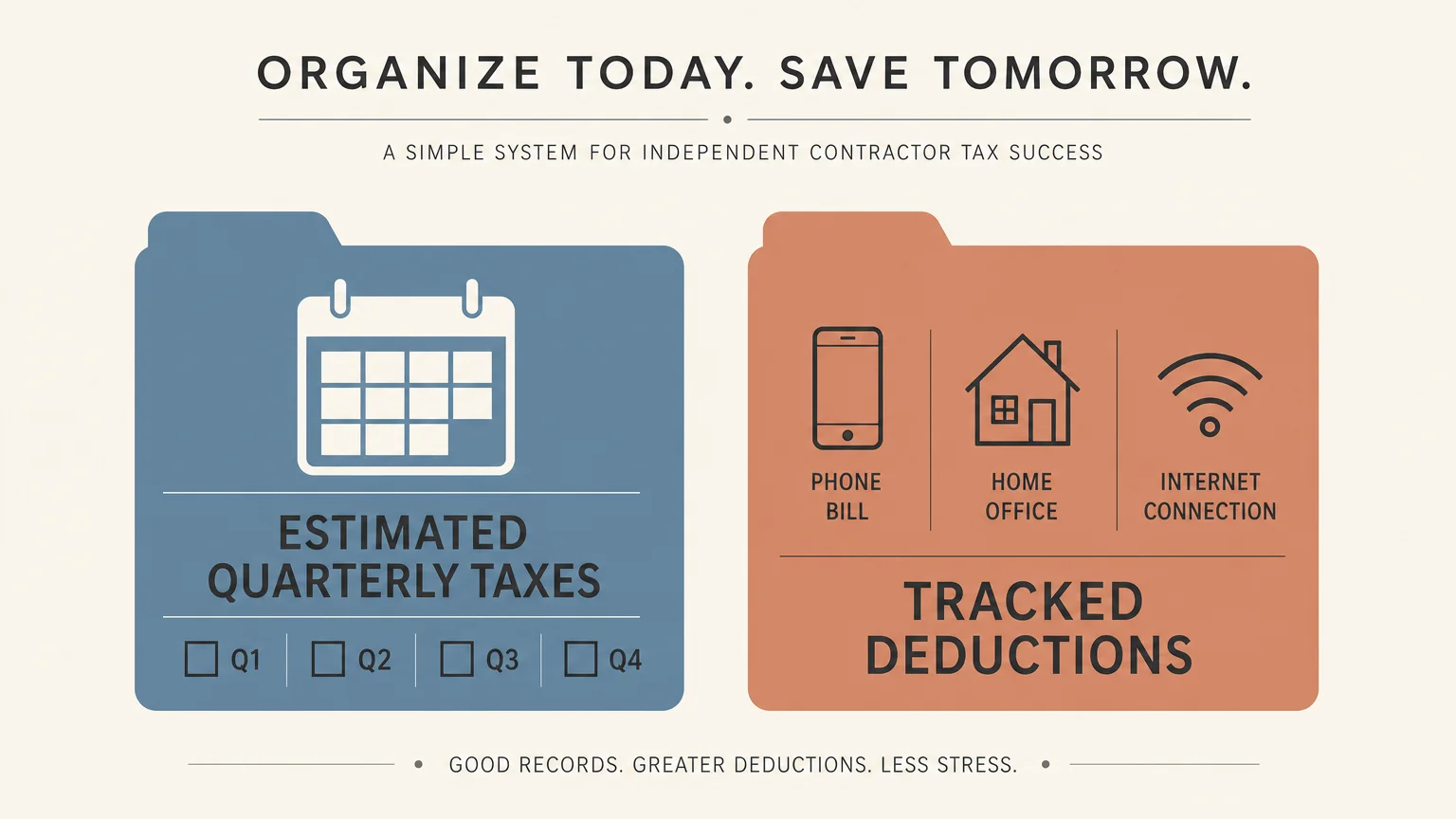 A minimalist infographic displaying folders for estimated quarterly taxes and tracked business deductions.