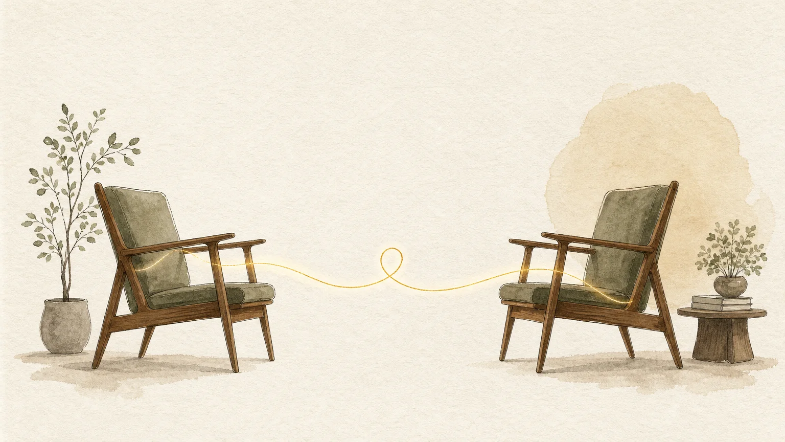 A minimalist ink and watercolor illustration of two wooden chairs facing each other, connected by a delicate looping golden thread.