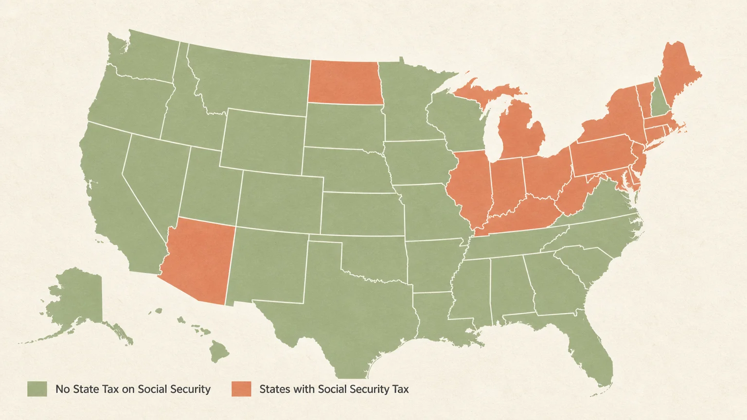 A minimalist map of the United States color-coded to show which states tax Social Security benefits versus those that do not.