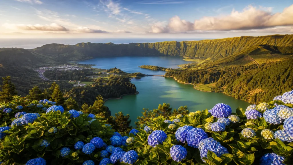 A panoramic view of the twin crater lakes of Sete Cidades in the Azores, featuring one blue and one green lake surrounded by lush green hill