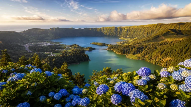 A panoramic view of the twin crater lakes of Sete Cidades in the Azores, featuring one blue and one green lake surrounded by lush green hill