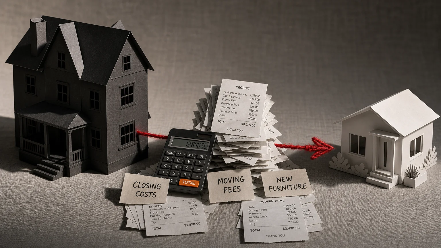 A paper-craft illustration of a large house and a small house separated by a pile of receipts and financial labels.