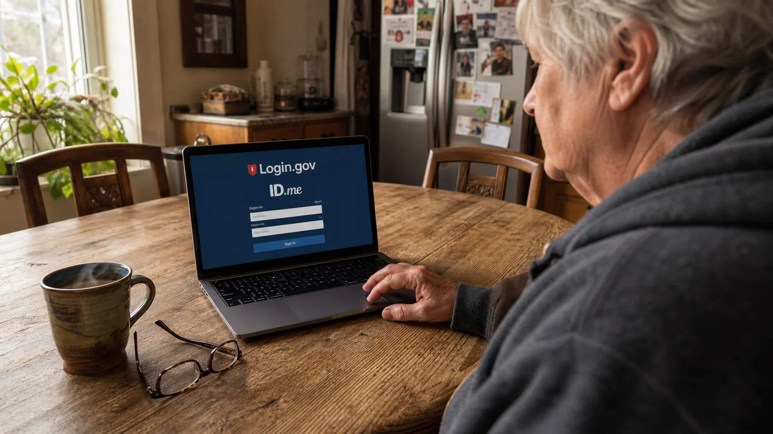 A person at a home kitchen table using a laptop to log into a secure government website next to a cup of coffee.
