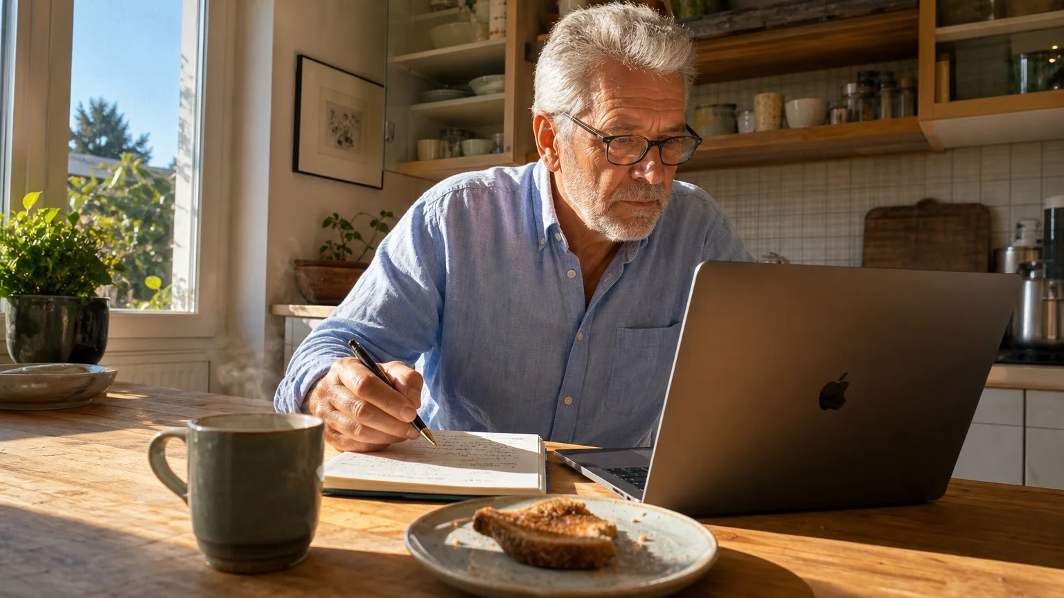 A photograph of a retired man reviewing financial plans on his laptop at his sunlit kitchen island.