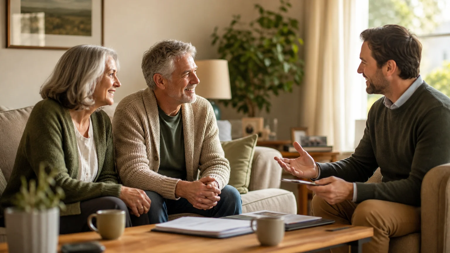 A photograph of an older couple having a relaxed, collaborative meeting with a financial advisor in their living room.