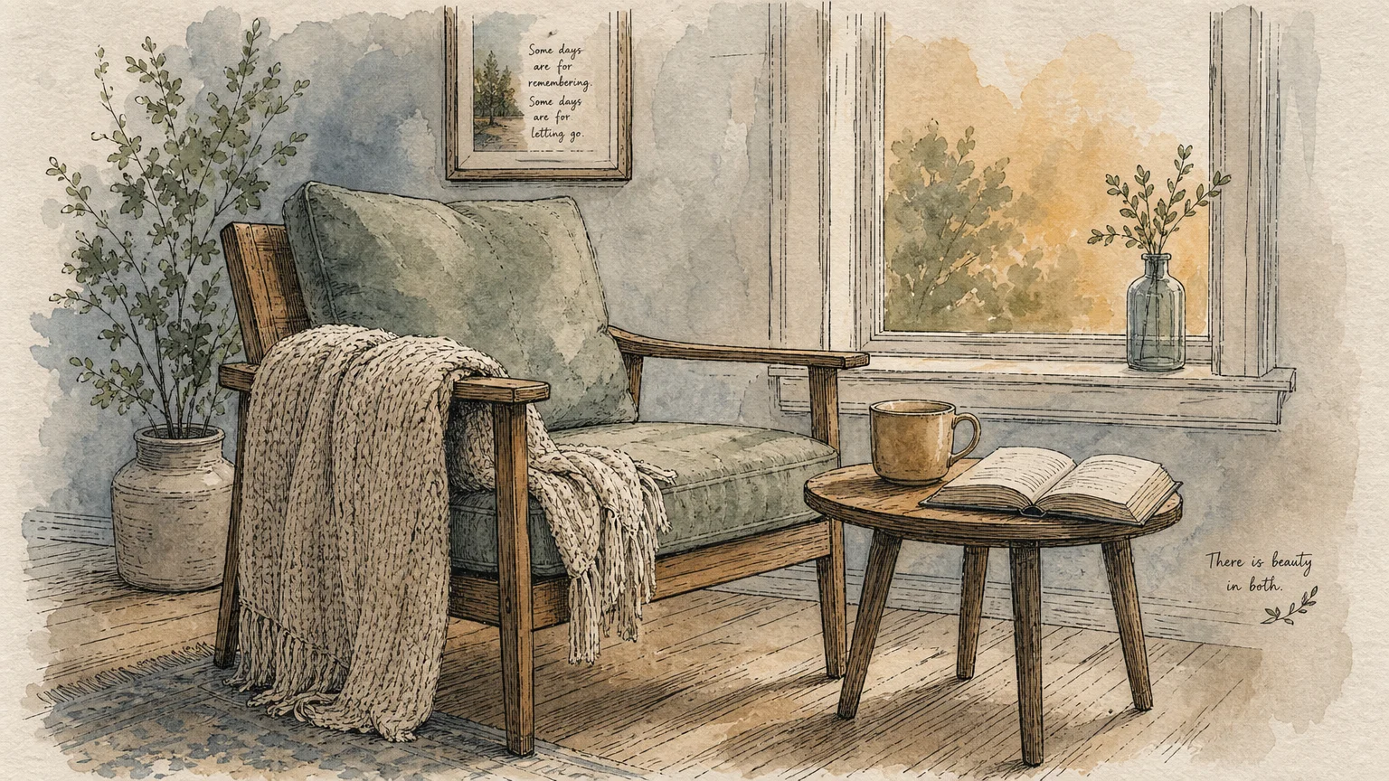 A quiet watercolor illustration of an empty wooden armchair by a sunlit window, evoking memory and transitional periods.
