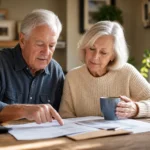 A retired couple reviews financial papers together at their wooden dining table in warm morning light.