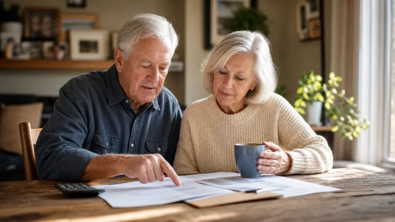 A retired couple reviews financial papers together at their wooden dining table in warm morning light.