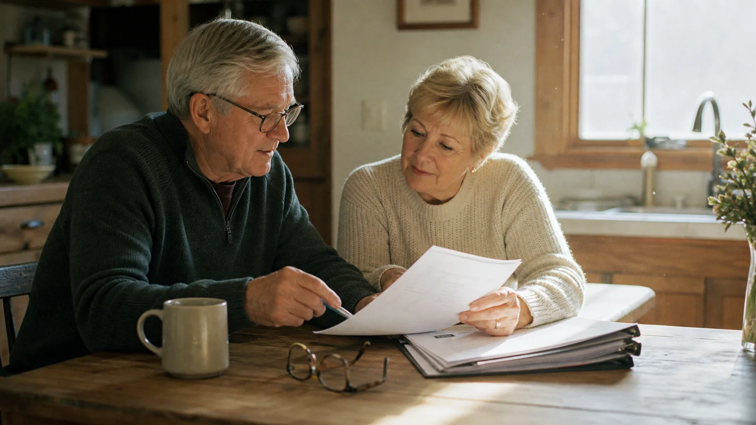 A retired couple sitting at a sunlit wooden kitchen table reviewing financial planning worksheets together.