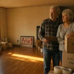 A retired couple stands amidst moving boxes in their living room, bathed in warm afternoon sunlight during their relocation process.