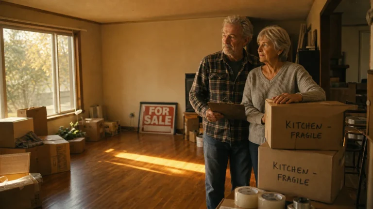 A retired couple stands amidst moving boxes in their living room, bathed in warm afternoon sunlight during their relocation process.