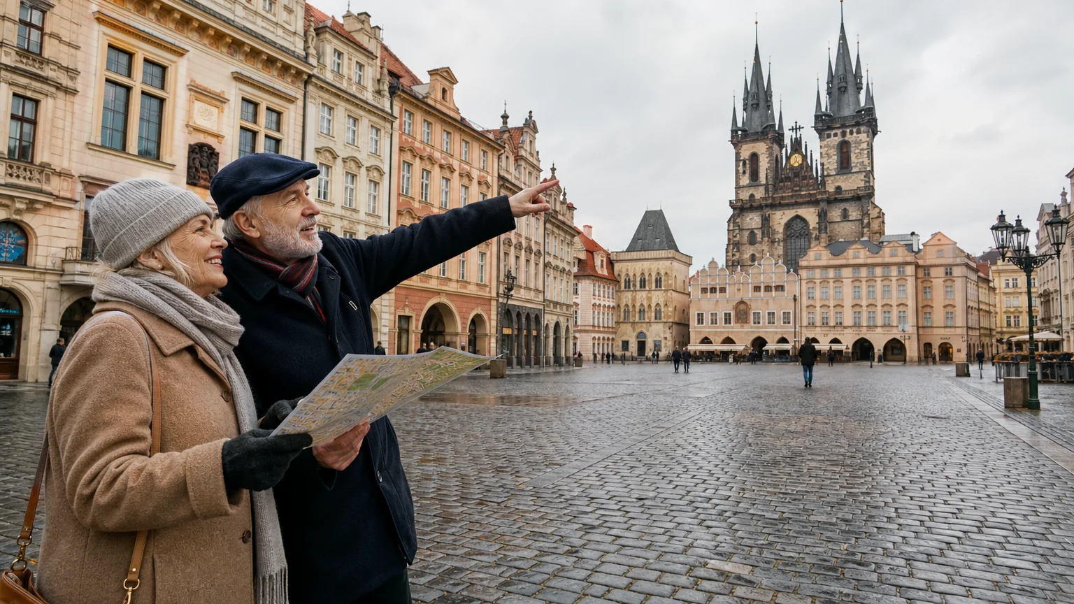 A retired couple warmly dressed in winter coats exploring a quiet historic cobblestone square in Prague with a paper map.