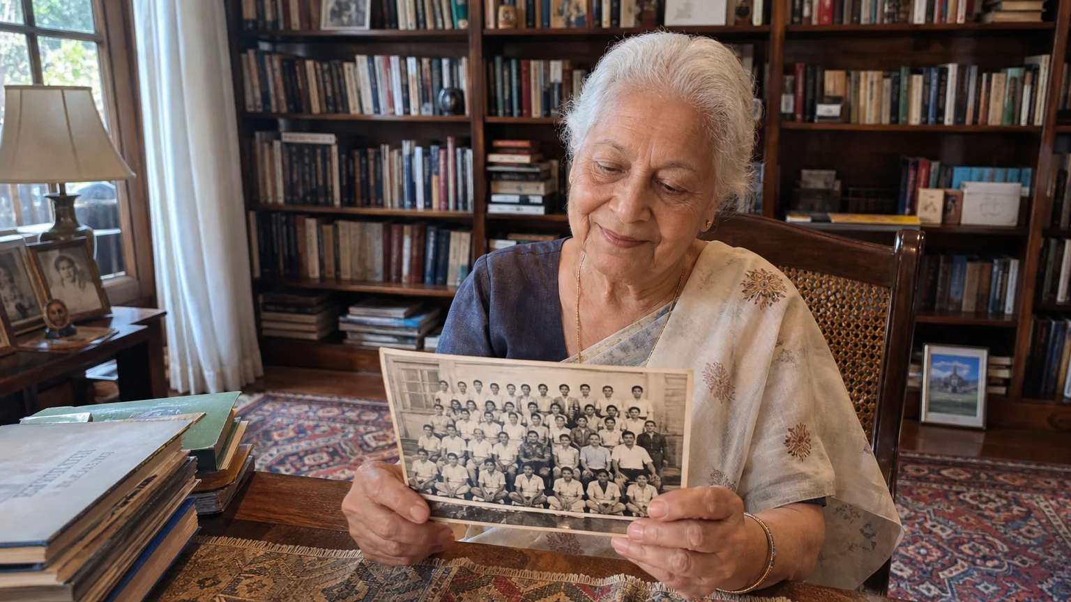 A retired female teacher sitting in her cozy home library, holding a nostalgic class photo in soft window light.