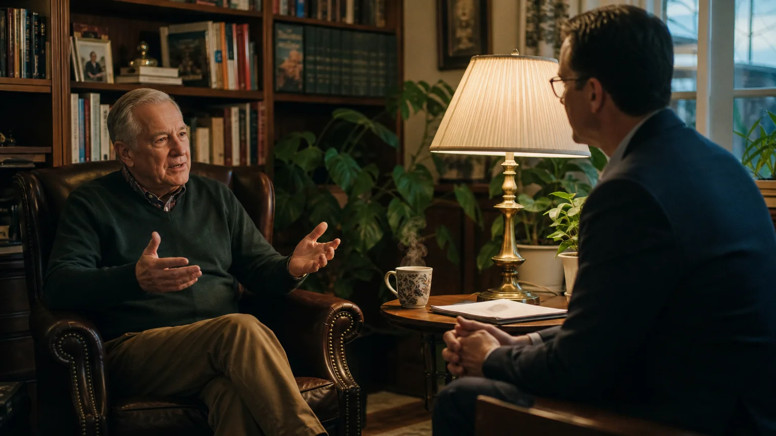 A retired person sitting in a comfortable home office having a supportive, friendly conversation with a financial advisor.