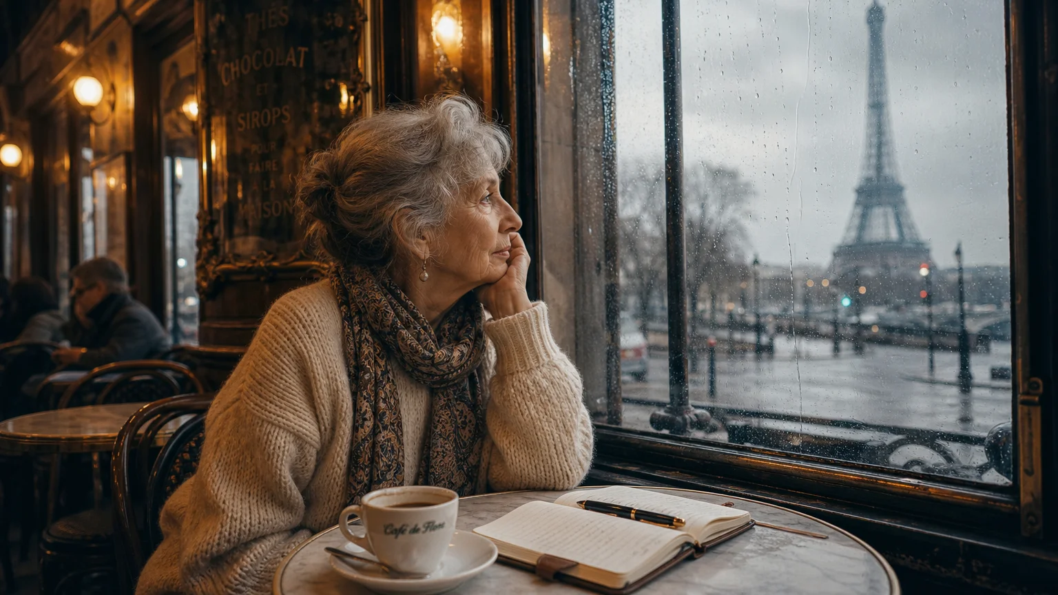 A retired woman enjoying a quiet coffee in a cozy Paris cafe on a rainy winter afternoon with a view of the Eiffel Tower through the window.