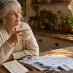 A retired woman sits thoughtfully at her sunlit kitchen table, reviewing papers and bills with a warm mug of tea nearby.