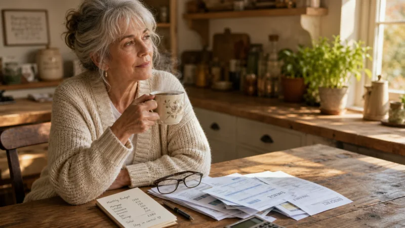 A retired woman sits thoughtfully at her sunlit kitchen table, reviewing papers and bills with a warm mug of tea nearby.