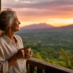 A retiree looks out over a lush tropical valley at sunset from a terracotta balcony, holding a coffee mug.