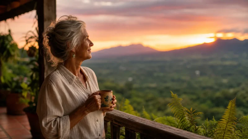 A retiree looks out over a lush tropical valley at sunset from a terracotta balcony, holding a coffee mug.