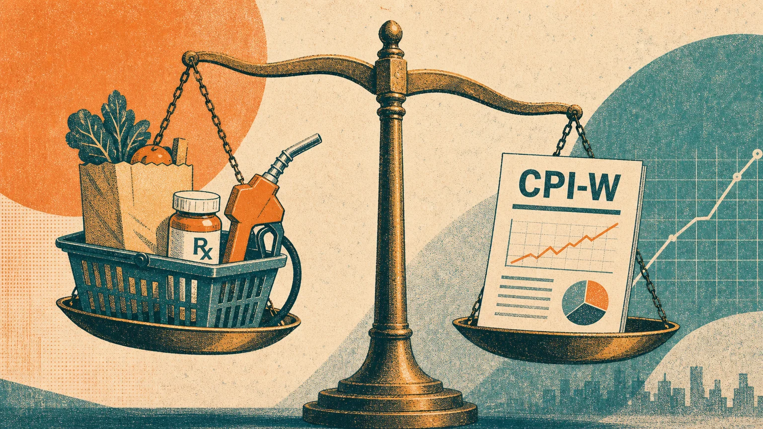 A risograph illustration of a balance scale comparing a shopping basket of consumer goods to a document labeled CPI-W.