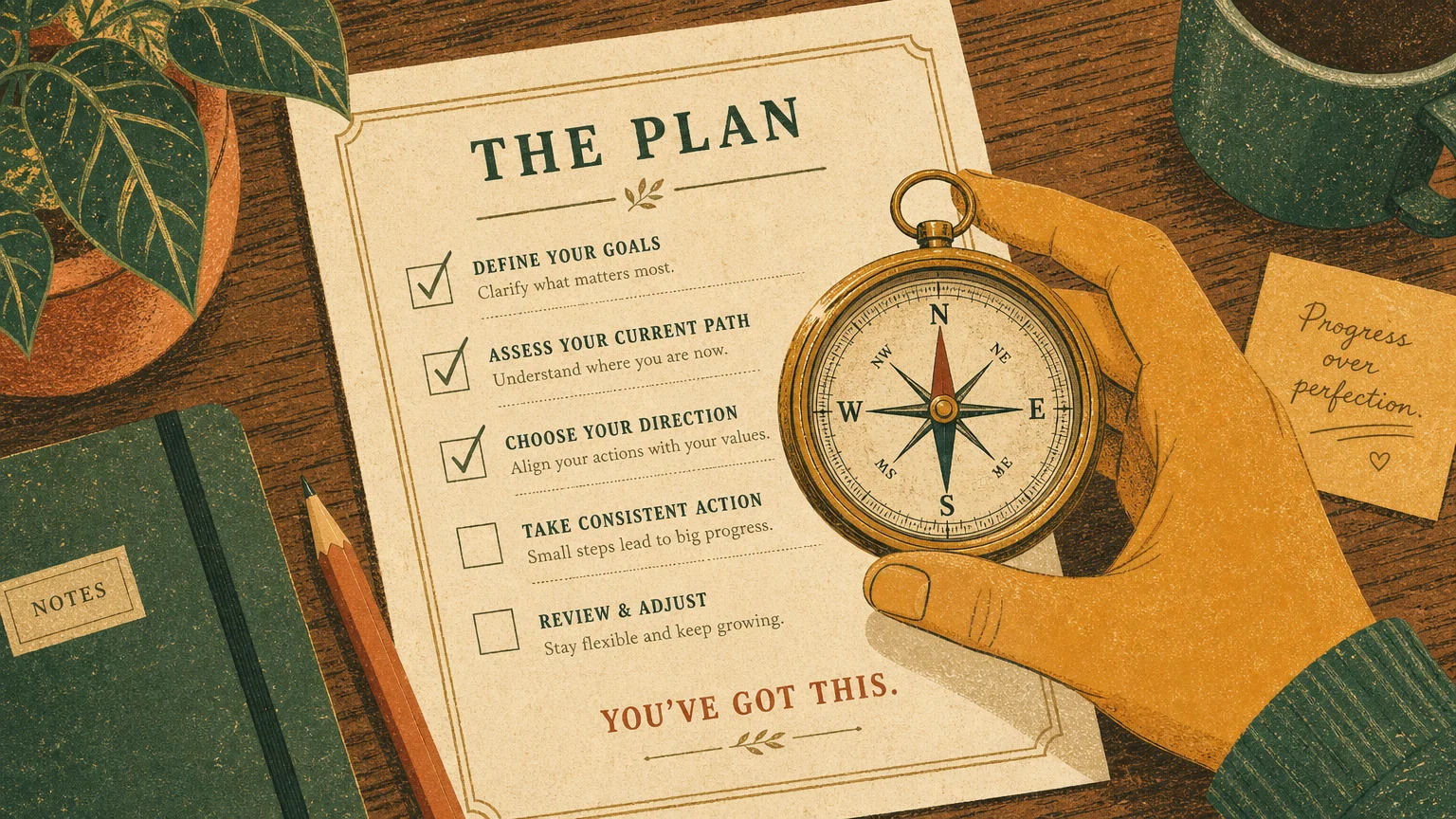 A risograph illustration of a hand holding a compass over a checked-off list, symbolizing careful retirement planning.
