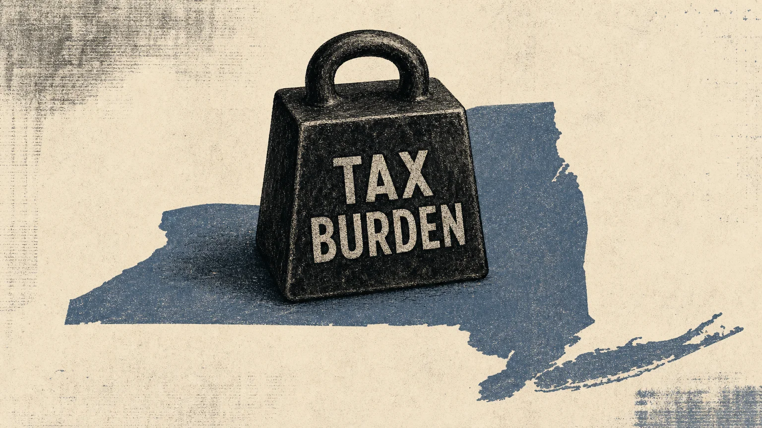 A risograph illustration showing a heavy iron weight labeled 'TAX BURDEN' sitting on top of a map of New York State.