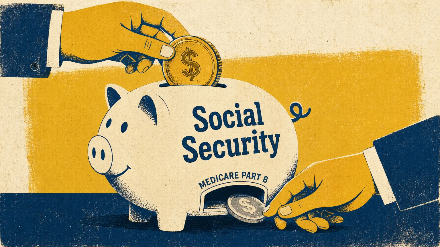 A screenprint illustration of one hand putting a coin into a social security bank while another hand takes a coin out for Medicare.