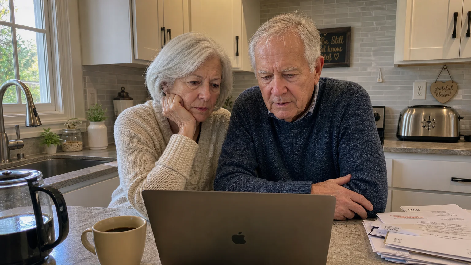 A senior couple looks slightly concerned while reviewing a budget spreadsheet on a laptop at their kitchen island.